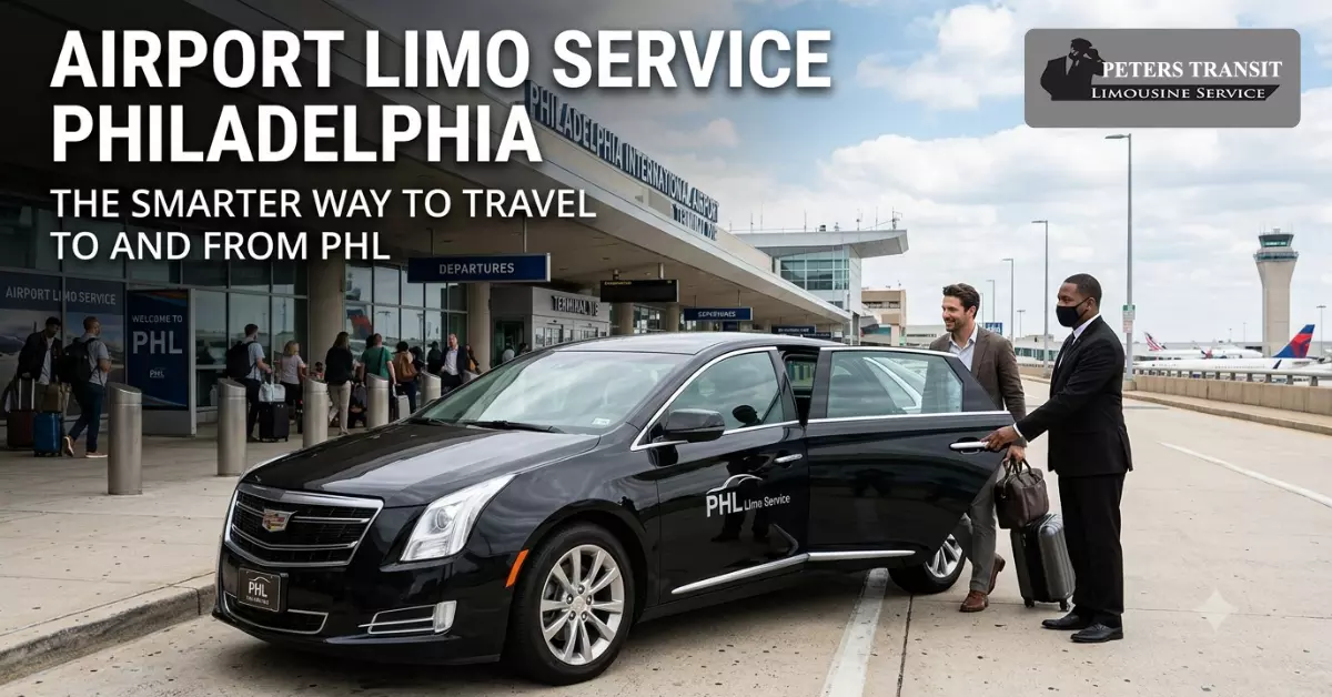 Airport limo service Philadelphia chauffeur is opening door of Cadillac XT6 Sedan door for passenger at PHL terminal.