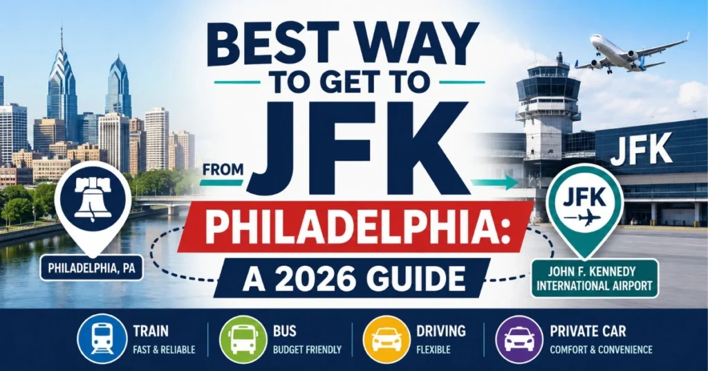 Illustration showing the best way to get to JFK from Philadelphia, comparing train, bus, driving, and private car service between Philadelphia and John F. Kennedy International Airport.