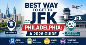 Illustration showing the best way to get to JFK from Philadelphia, comparing train, bus, driving, and private car service between Philadelphia and John F. Kennedy International Airport.
