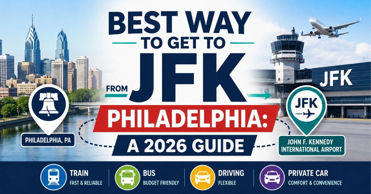 Illustration showing the best way to get to JFK from Philadelphia, comparing train, bus, driving, and private car service between Philadelphia and John F. Kennedy International Airport.