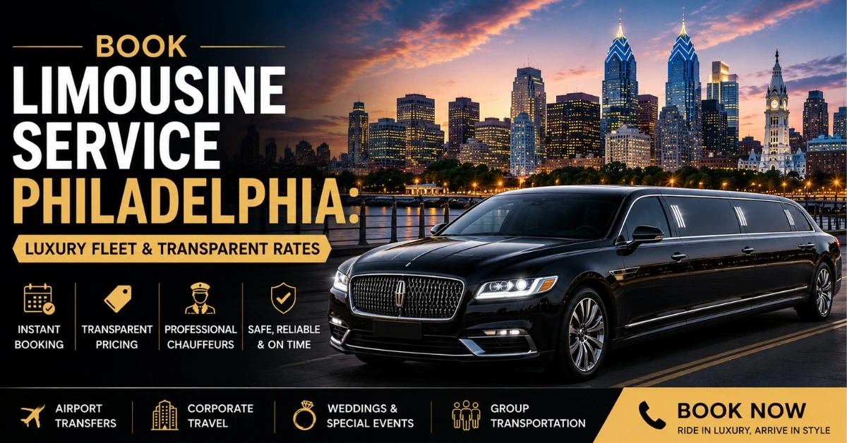 Premium limousine service Philadelphia banner featuring airport transfers, corporate travel, weddings, and group transportation in a modern luxury vehicle.