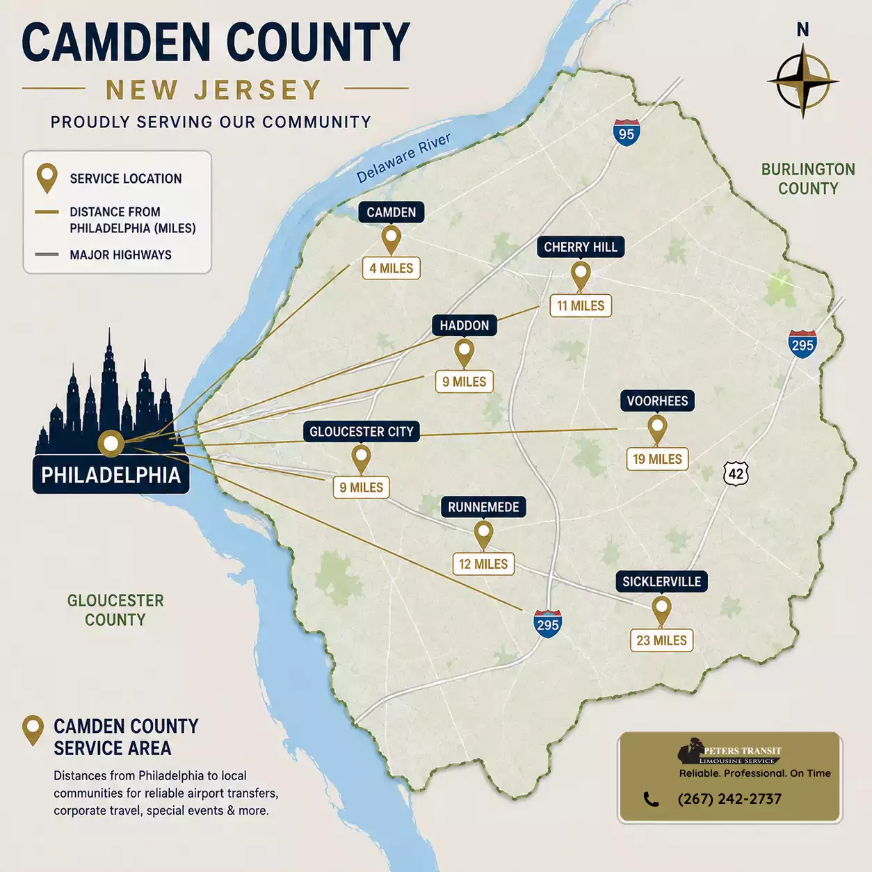 Camden County NJ map showing Peters Transit service locations and distances from Philadelphia