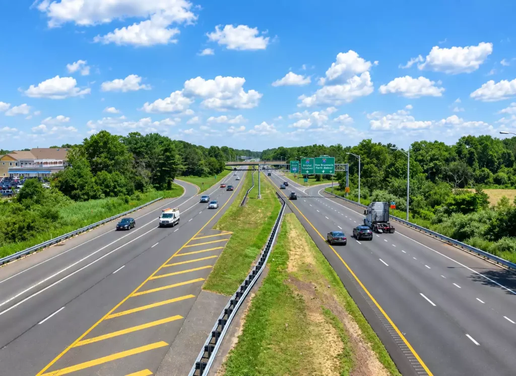 east_along_Interstate_195_(Central_Jersey_Expressway)_from_the_overpass_for_the_ramp_to_northbound_Interstate_95_(New_Jersey_Turnpike)_in_Robbinsville_Township,_Mercer_County,_New_Jersey